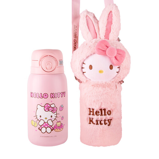 Disney Hello Kitty Children's Straw Thermos Cup Plush Cup Cover High-Looking Girl Water Cup Kindergarten Cute 316 Kettle 6625 Plush Powder 500ML