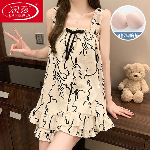 浪莎（LangSha）夏季新款梭织云朵棉带胸垫吊带睡衣女甜美可外穿家居服套装 JDX-9721# M