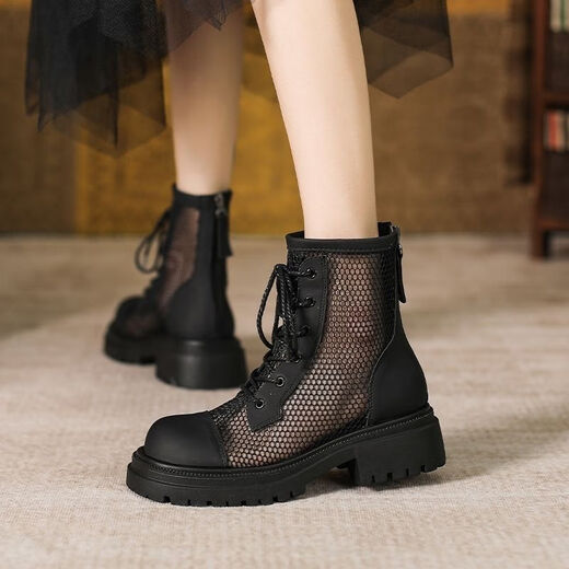 Woodpecker Hollow Martin Boots Spring and Autumn Thin Mesh Boots New Thick Heel Thick Sole Mesh Sandal Boots Summer Breathable Short Boots Black 39