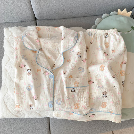 恒源祥纯棉纱布睡衣女短袖长裤春夏款三件套可爱小狗少女开衫家居服夏季 云朵棉-9902#星星KT猫三件套 M 【建议75-100斤】