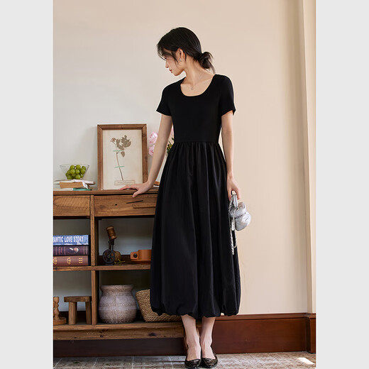 Vestiman Slim Vestido de manga corta en verano Nuevo francés Slim Hepburn Style Long Falda N Black L