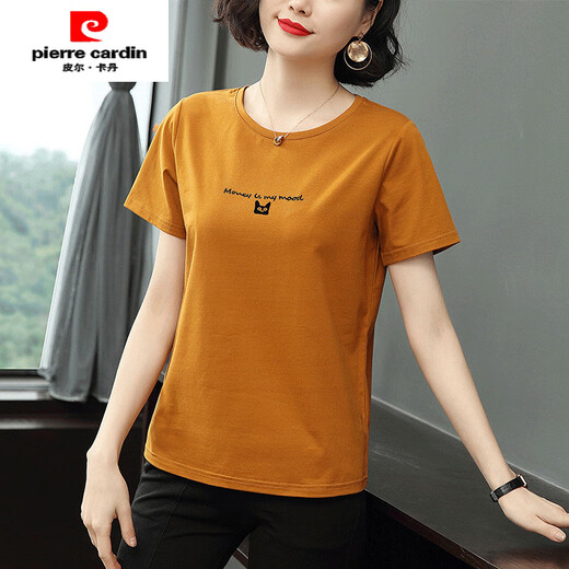 Pierre cardin short-sleeved T-shirt top for women 2025 summer new middle-aged gray Korean style slim fit slim T-shirt 6624# caramel color OFF M [Suggested 95Jin [Jin equals 0.5 kg]]