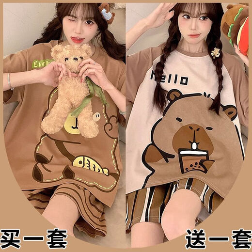 SMVP Pyjamas Kapibala Kurzärärmische Mädchen runden Hals Sommer Dünne hochwertige süße Heimkleidung Set 2025 Neues Modell 694 Kapibala + 699 Graffiti Smiley Face 5xl [200-240jin [Jin gleich 0,5 kg]]