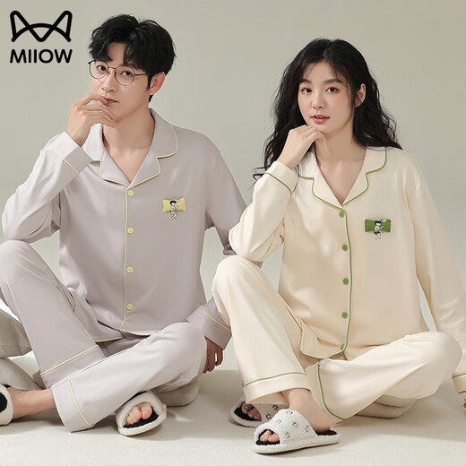 MiiOW new spring and autumn couple pajamas pure cotton men and women home casual long-sleeved cardigan can be worn outside home clothes suit male AM=female 34640-male 34643 XL male