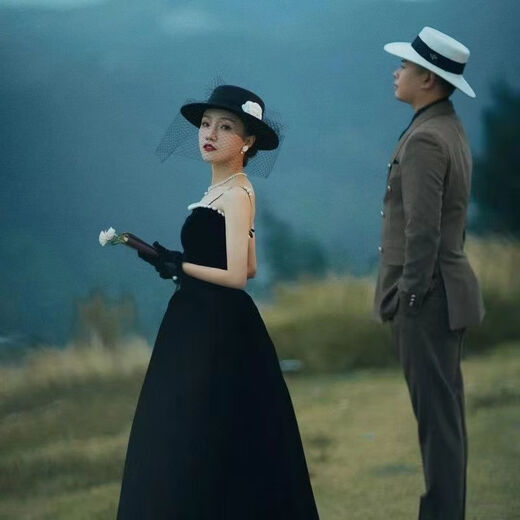 Gisela Hepburn style hat French flat top Hepburn style hat for women retro British court evening dress photo studio photo tour mesh-black adult 57cm