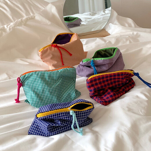 Fan Yejia ins style portable cosmetic bag large capacity storage bag travel toiletry bag storage bag cosmetics miscellaneous bag female green plaid cosmetic bag