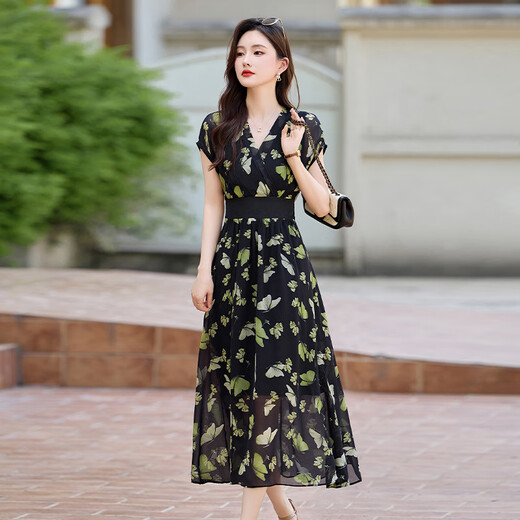 Ehangy轻奢品牌连衣裙女2025夏季新款海边度假风显瘦v领时尚a字裙子 绿花 L