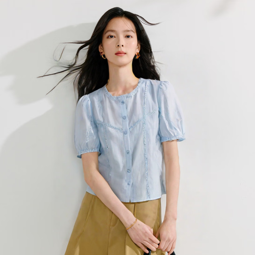 
Inman French Lotus Leaf Collar Cotton Embroidered Shirt Summer Women's Romantic Short-Sleeve Temperament Shirt Sky Blue M