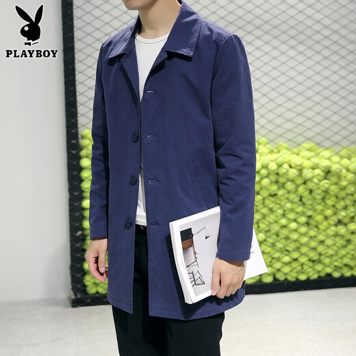 花花公子（PLAYBOY）日系青年休闲薄款风衣男中长款外套春秋大码工装加棉派克翻领大衣 绿色【加棉加厚】 4XL 190斤以下