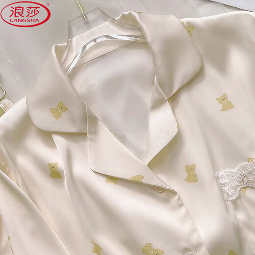 浪莎（LangSha）韩版ins冰丝绸凉感睡衣女士短袖长裤少女甜美可爱小熊家居服套装 高品质-YFY-9905【短袖长裤】 M 【建议80-100斤】