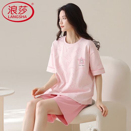 浪莎（LangSha）轻奢睡衣女夏季短袖短裤棉圆领薄款甜美粉色家居服套装可外穿 Z9859 M 【80-100斤穿】