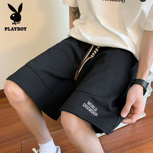 花花公子（PLAYBOY）2025夏季新款时尚潮流刺绣短裤男潮流宽松百搭直筒运动五分裤子 826米白色 L