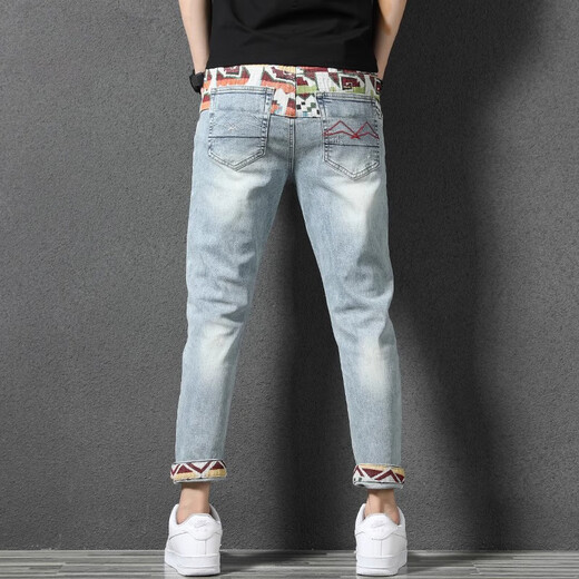 Jeep Spirit gesticktes Spleißen zerrissene lockige Jeans für Männer Sommer Neue schlanke und vielseitige hübsche lässige Hose für Männer 869 Hell Blue 31