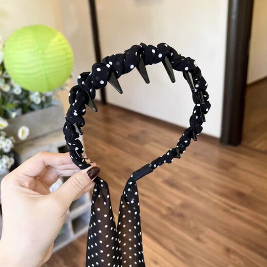 Fabric polka-dot headband for women 2025 new style winding headband hair band with teeth anti-slip hairpin headdress 2 polka-dot streamer all-in-one headband white