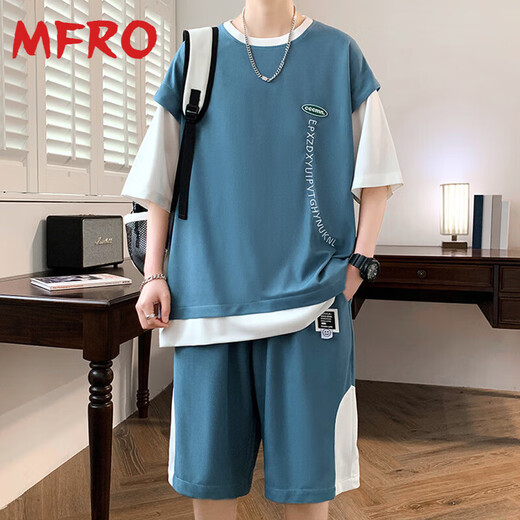 Mfro gefälschte zweiteilige T-Shirt Herren-Sommeranzug New American Lose Casual Shorts Zwei-teilige runde Hals-vielseitige Kurzärmel-Männer 686 Peacock Blue Anzug M ca.