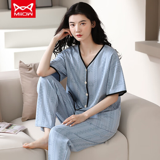 猫人（MiiOW）纯棉睡衣女春夏短袖长裤开衫韩版可爱领夏天家居服全棉套装 YSH-911#开衫 L 码100-120斤需预留缩水