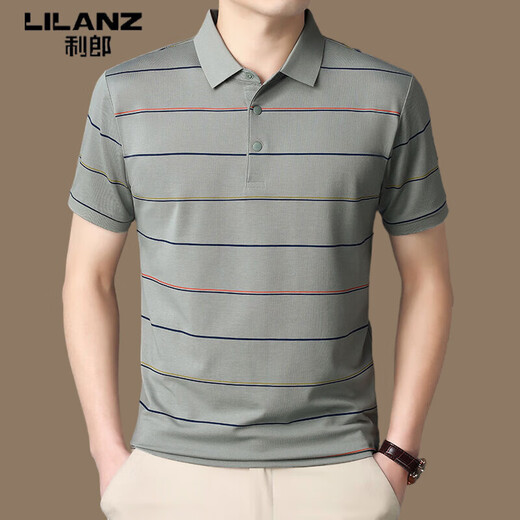 Lilang Light Luxury Mulberry Silkworm. Silk Short-sleeved T-shirt for Men's Summer Business Stripe Middle-aged Casual Lapel Half-sleeved Polo Shirt Blue /723 M 48 Suggested 95-115Jin [Jin equals 0.5 kg]