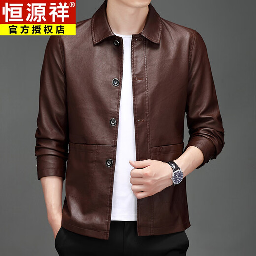 Hengyuanxiang men's leather jacket autumn and winter new style velvet thickened leather jacket Korean style trendy top warm lapel motorcycle jacket QCC-981 black regular 2XL