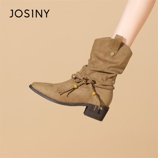 
Zhuoshini short boots for women 2025 autumn new retro beaded Maillard western cowboy boots pointed toe fold pile boots single boots Camel color - single 37