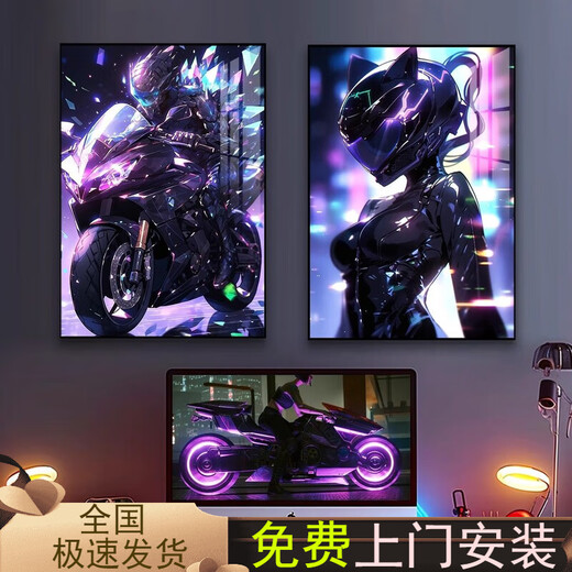赛博朋克挂画电竞房汽车机车摩托车装饰画酒店走廊网吧背景墙壁画 夜幕战猫 S1047 40*60cm