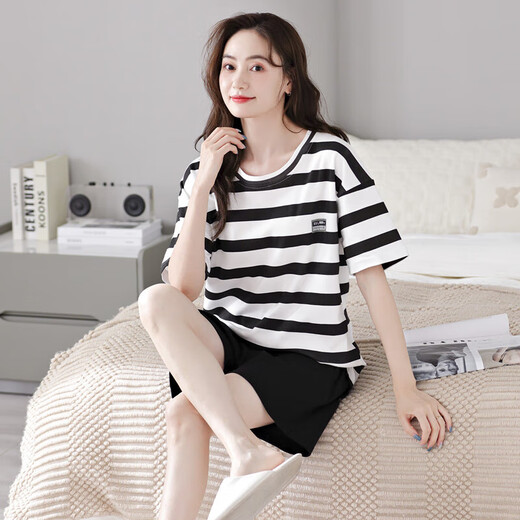 胖东来2023织睡衣女夏季纯棉短袖短裤夏天条纹薄款可外穿家居服套装 YZT9885 M 码建议80-100斤