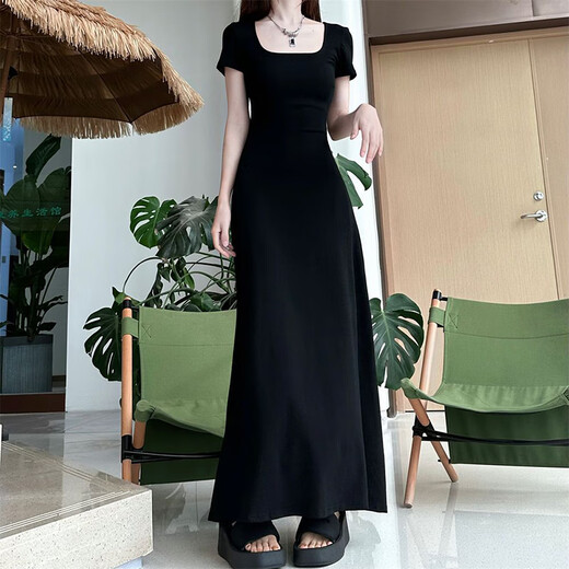 Muni Square Collar Taille Hugging Kleid Französisches Temperament Schwarzes Sommer Ladies Outfit Slim A-Line Long Rock Pendelpendel und ungezwungenes Kleid mit kurzer Ärmeln [Schwarz] Empfohlen 90-120 Jin [Jin ist 0,5 kg]