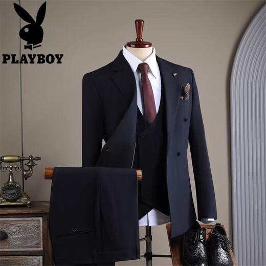 Playboy 2025 Winter Suit Men's Retro Striped High-Quality Double-breasted Suit Three-piece Formal Wedding Dress Retro Three-piece Suit XL 52