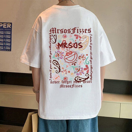 美式复古重磅纯棉短袖T恤男生夏季新款潮牌宽松半袖情侣体恤829 白色 M