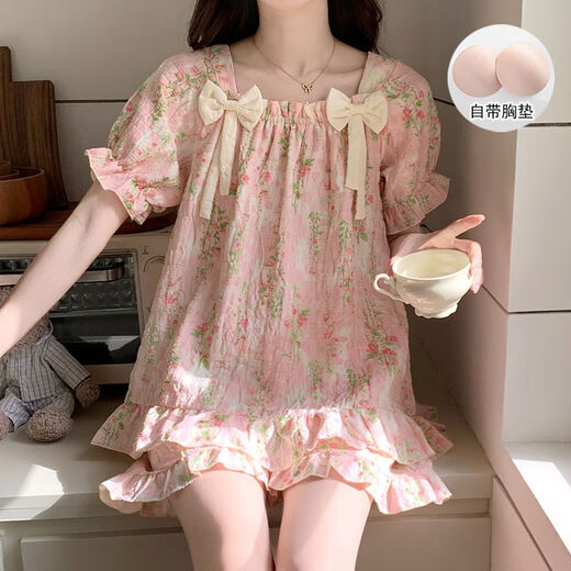 贝逸芙带胸垫睡衣女夏季短袖短裤云朵棉网红薄款可爱甜美卡通家居服套装 zz9902-2#小红花 L