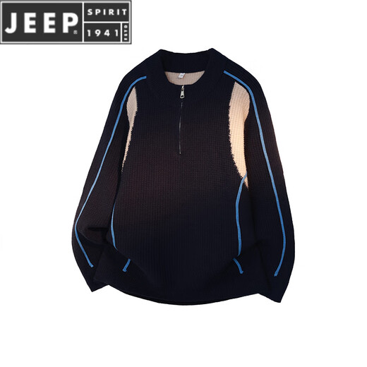JEEP SPIRIT couple wear autumn and winter American retro splicing contrast sweater Henry collar half zipper warm sweater men's and women's jacket gray M