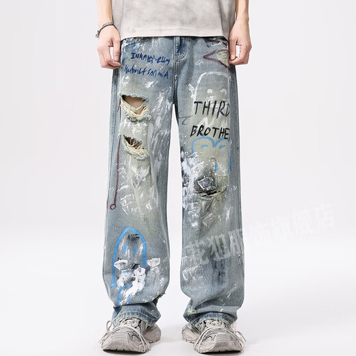 Fleurs New American Street Graffiti Color Light Ripped PEWTET Jeans Men Straight Low-Leg-Leg Men Tendance Light Bleu 3897 S
