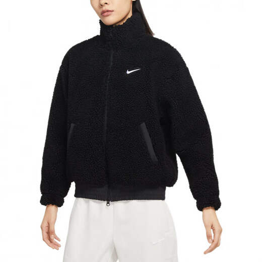 NIKEW Nsw Swsh Plsh Jkt Solid Color Sports and Casual Standing Collar Lambsewel Warm Jacket Women's Black XXS