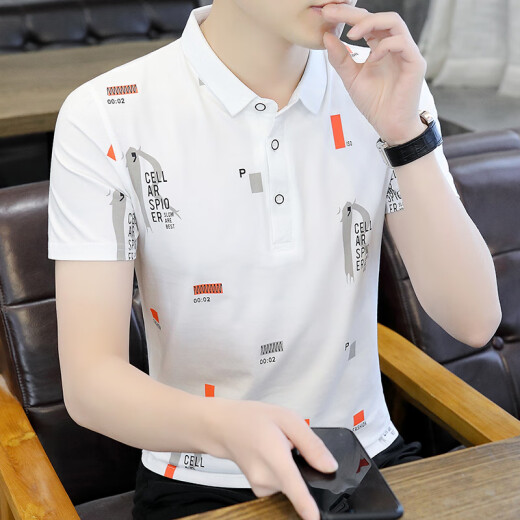 巴博臣品牌夏季商务休闲男装短袖t恤翻领条纹polo衫体恤中青年大码衣服 we7029条纹白色 M