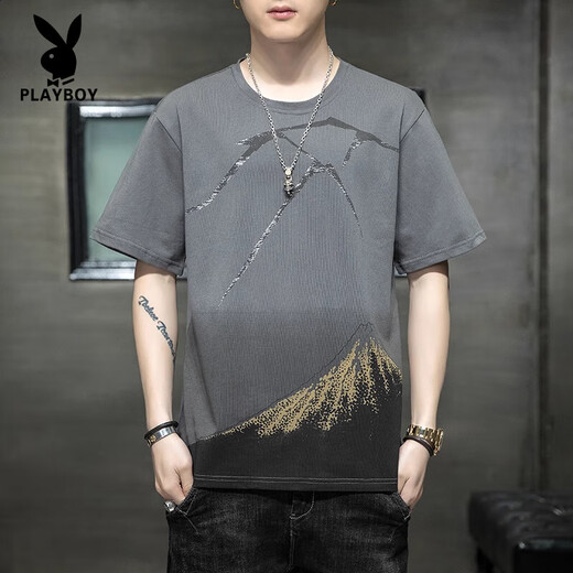 Playboy (Playboy) High-End-Kurzärärmel-T-Shirt für Herren-Baumwollkleidung 2025 NEU NEUER SOMMER MODE TRENDY Casual T-Shirt für Herren Fashion 829 Gray 3xl [161-170jin [Jin ist 0,5 kg]]]