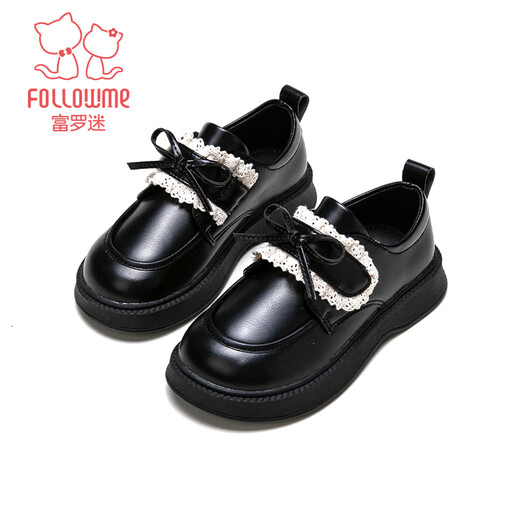 Fuluo Mi Girls' Leather Shoes Spring and Autumn Fashionable and Versatile Black Single Shoes for Middle-aged and Older Children Campus Performance Fashion Shoes Black 30