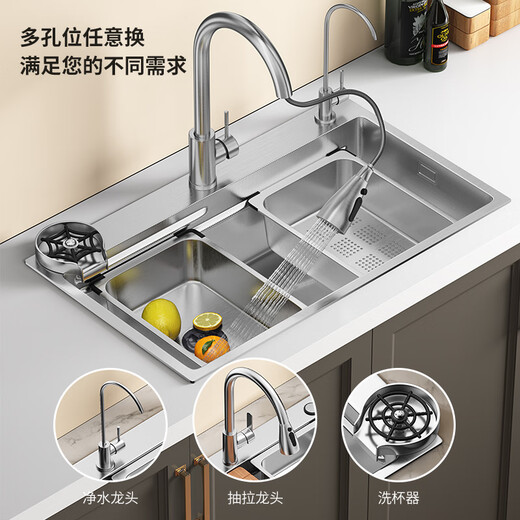 九牧压纹纳米抗菌水槽大单槽厨房SUS304不锈钢洗菜盆洗碗槽洗碗盆银色 水槽+抽拉龙头全套 680X450X220MM