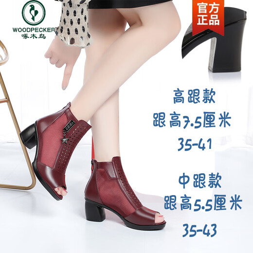 Woodpecker 2025 Été Nouveau talon haut talon Boots Fish Mouth Sandales Générette en cuir épais Talon Femme Creux Bottes courtes Mesh Chaussures pour femmes