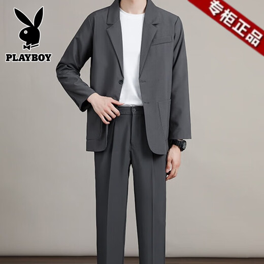 Playboy casual suit men's spring and autumn new light business commuting high-end Korean style handsome suit jacket for men black nine-point suit 2XL recommended 160-180Jin Jin equals 0.5 kg