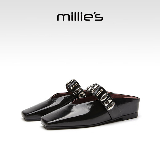 妙丽（Millies）高级感平底内增高包头半拖鞋女外穿真皮气质百搭凉拖女 黑色 38