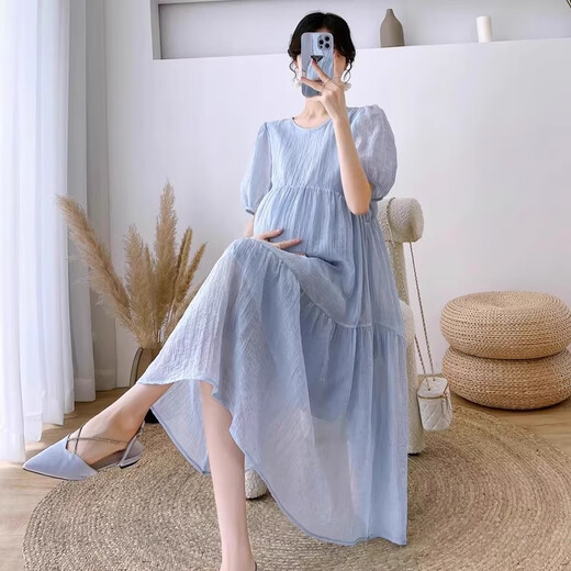 婧麒（JOYNCLEON）孕妇连衣裙夏季新款法式温柔风小清新裙子胖mm显瘦遮肚子裙子 蓝色裙子Jly158506 L