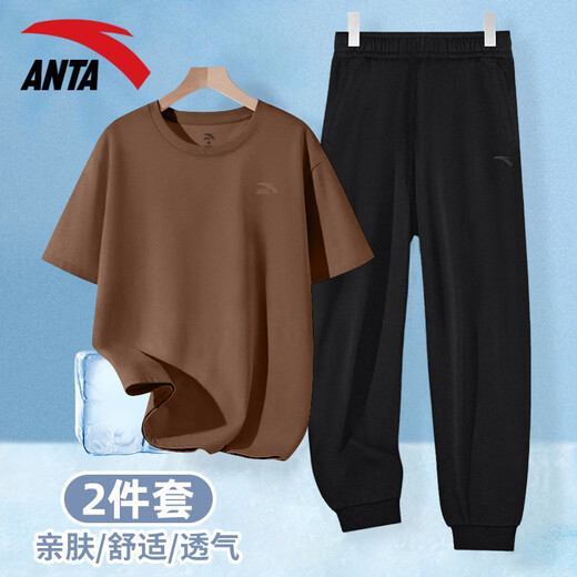 Anta Casual Sports Set para mujeres 2025 Summer Nuevo algodón de algodón Camiseta de manga corta pantalones Sportswear suelto set [set] -5 yocao verde m/165