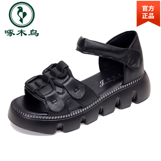 啄木鸟夏季凉鞋女外穿真皮厚底透气罗马鞋女平底镂空鱼嘴鞋女露脚趾凉靴 黑色 34