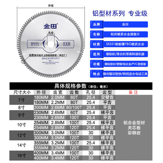 Jintian alloy saw blade professional grade aluminum profile saw blade broken bridge plastic steel cutting aluminum alloy circular saw blade cutting blade 10 inches 7 inches 180 2.2 80T 25.4 flat teeth