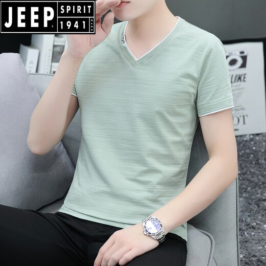 JEEP SPIRIT高端男士短袖t恤v领夏季新款修身纯棉男生半袖休闲时尚百搭上衣服 豆绿色659款 L 建议100-120斤