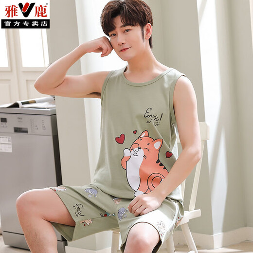 Yalu men's sleeveless pajamas summer loose vest cartoon trend among teenagers large-size cotton 1283 vest male denim orchid dolphin teeth M teenager version [60-70Jin [Jin equals 0.5 kg]]