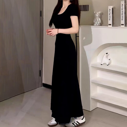Muni Square Collar Taille Hugging Kleid Französisches Temperament Schwarzes Sommer Ladies Outfit Slim A-Line Long Rock Pendelpendel und ungezwungenes Kleid mit kurzer Ärmeln [Schwarz] Empfohlen 90-120 Jin [Jin ist 0,5 kg]