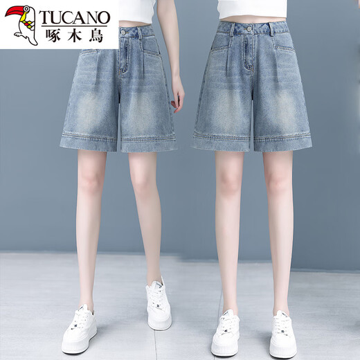 Woodpecker American Forts de mezclilla de cinco puntos para mujeres 2025 Summer Nuevo Pantalones de longitud de longitud anchas delgadas y versátiles de cinturón de cintura.