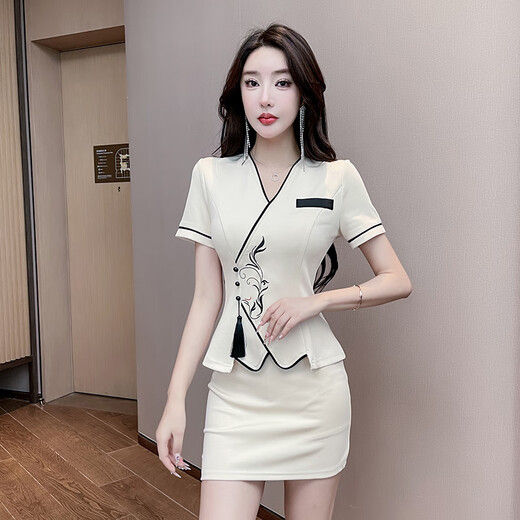 Fußbadetechniker Arbeitskleidung Hose für Sommer dünne High-End-Schönheitssalon Gesundheitsmassage Fußmassage Arbeitskleidung 3271 Schwarz [Mittelarm Top + Hose] S Einsgröße
