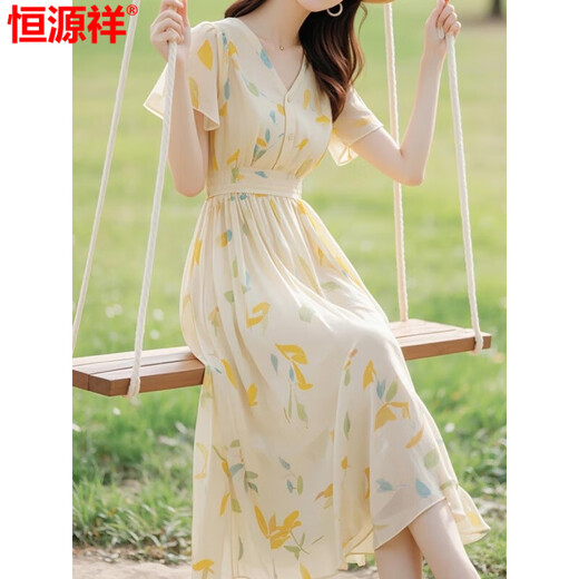 恒源祥冰丝连衣裙子女v领小飞袖高级感法式夏季新款温柔风收腰显瘦长裙 图片色 M 95--105斤