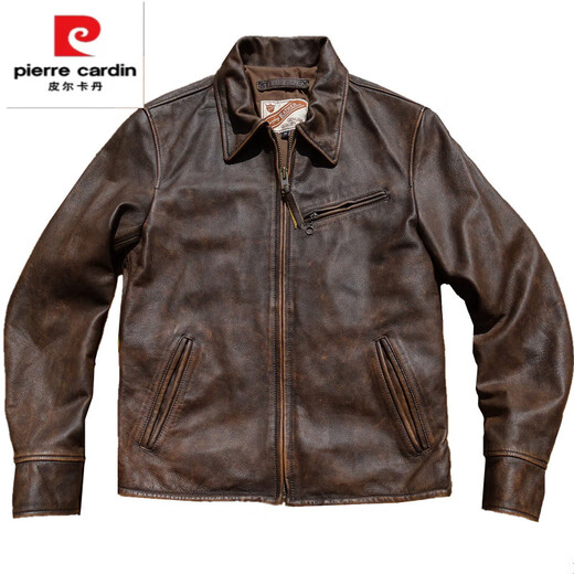 Pierre Cardin high-end soft waxy pendant 1930 Enfield heavy washed distressed leather jacket men's Bengal tea core cowhide leather jacket heavy washed distressed Bengal calf yellow brown tea core 3XL 165-180Jin Jin is equal to 0.5 kg